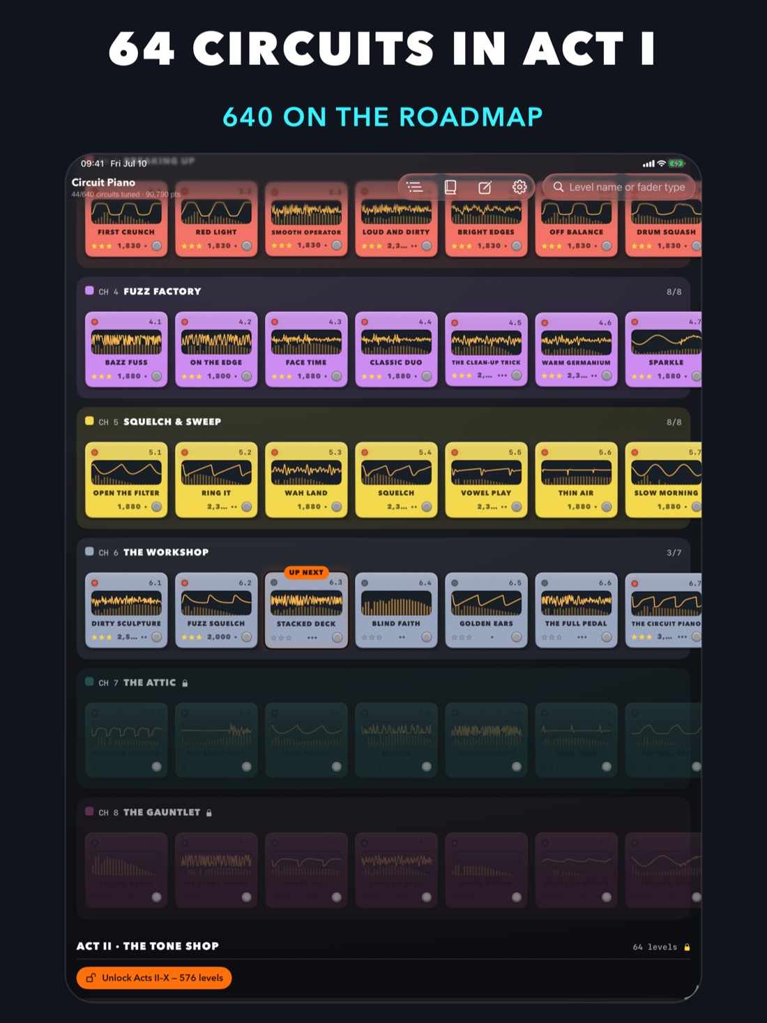 Circuit Piano on iPad: the campaign map showing chapters of colorful pedals with earned stars, from Fuzz Factory through the Encore acts