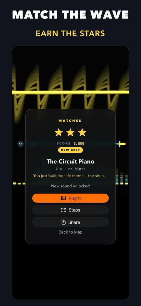 A solved level: MATCHED with three gold stars and a new best score