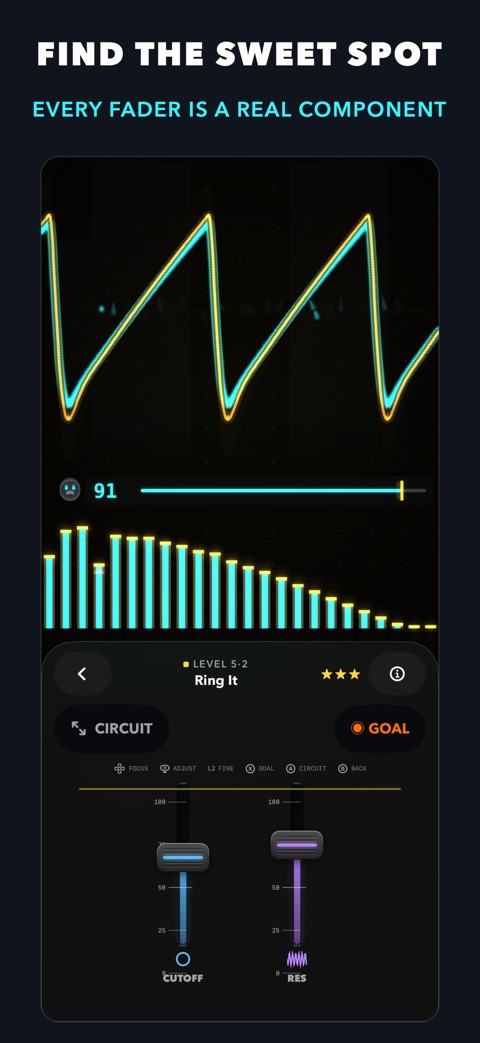 Mid-tune gameplay: cyan and gold traces nearly overlapping at a 91 match score