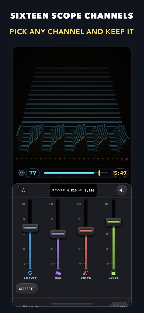 A scope channel: the signal drawn as stacked ridges, the player's in cyan against a fixed gold target ridge