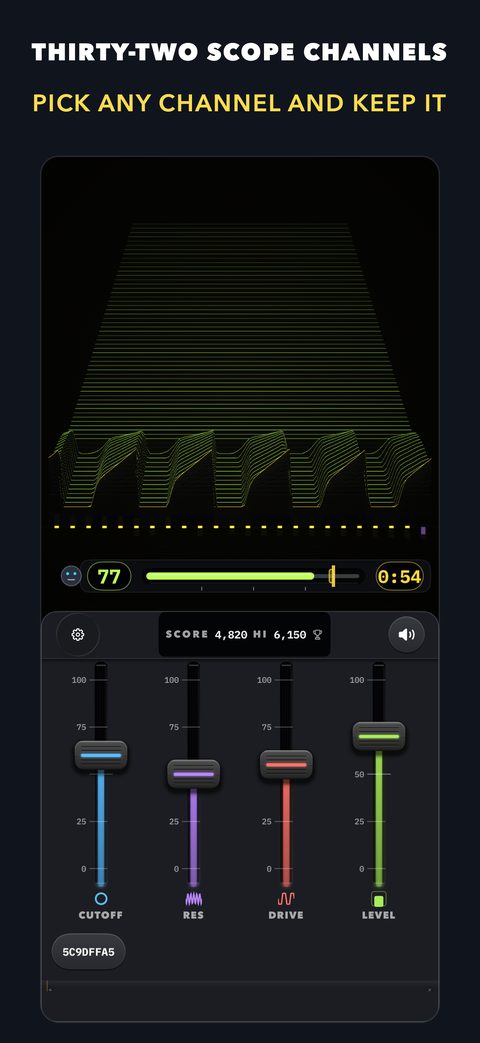 A scope channel: the signal drawn as stacked ridges, the player's in cyan against a gold target ridge