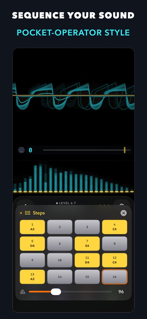 The step sequencer: a four-by-four grid of yellow note pads