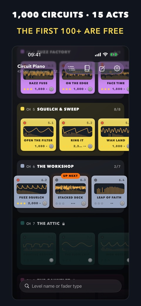 The campaign map: chapters of colorful pedals with earned stars and scores