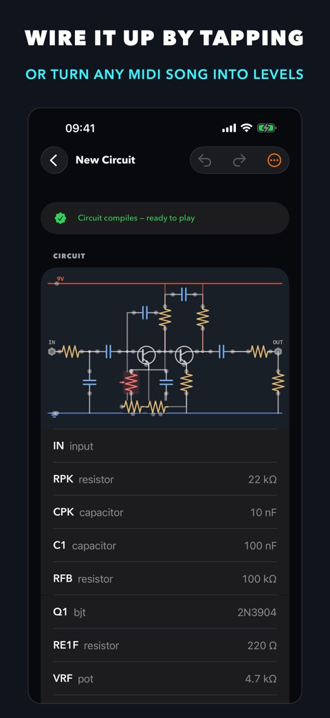 The circuit editor: a fuzz schematic with tappable pin dots for wiring parts together
